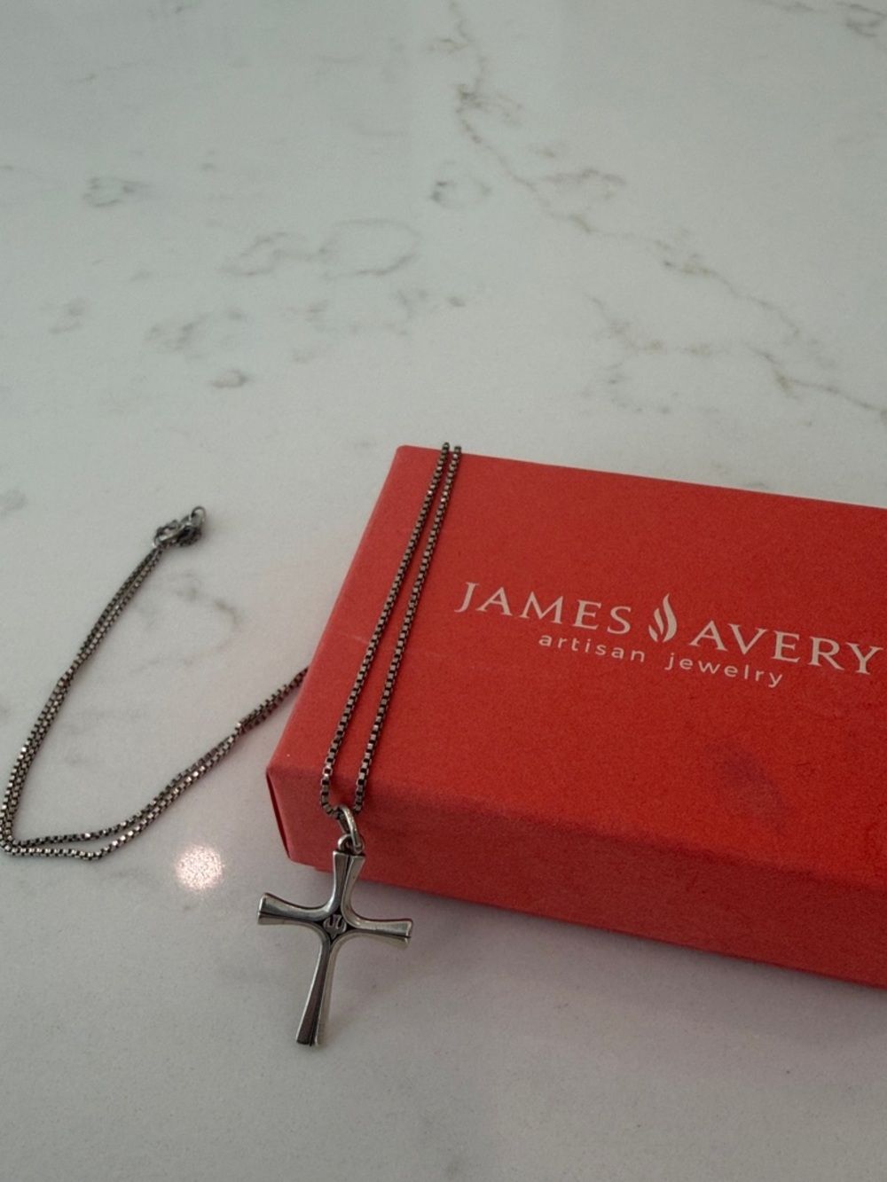 James Avery Silver Cross Pendant Necklace with Red Gift Box
